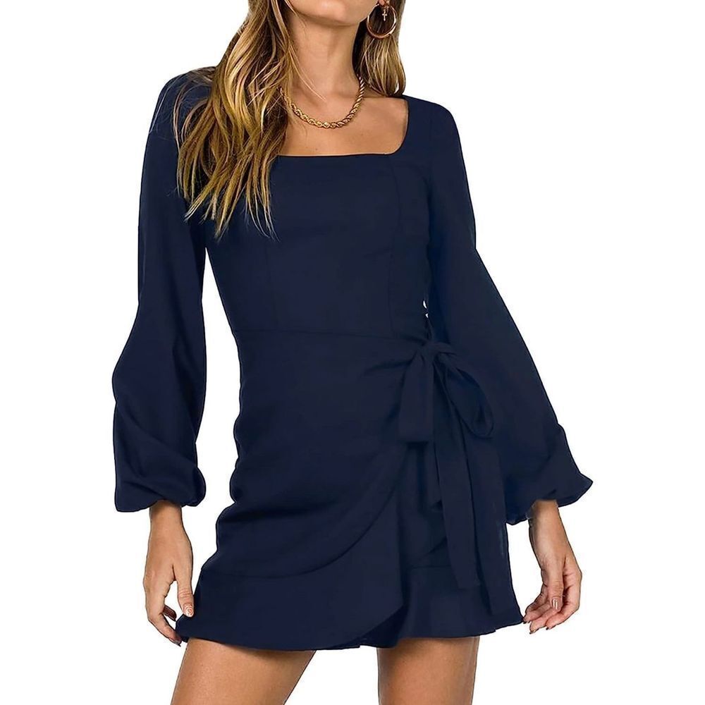 NEW Dress Square Neck Long Tie Waist Wrap Ruffle Hem S